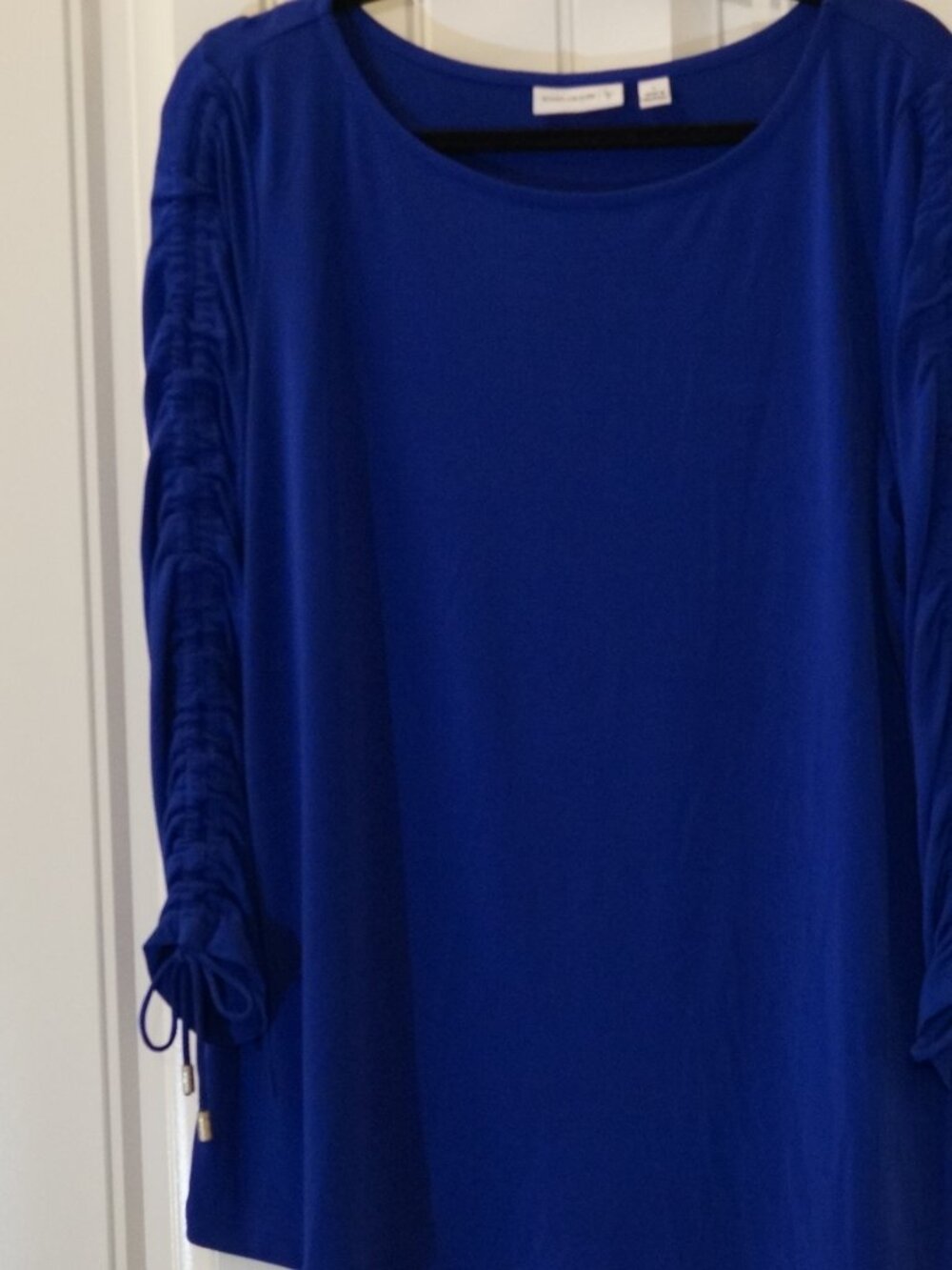 Susan Graver Liquid Knit Bateau Neck Top with Ruched Sleeves Size L